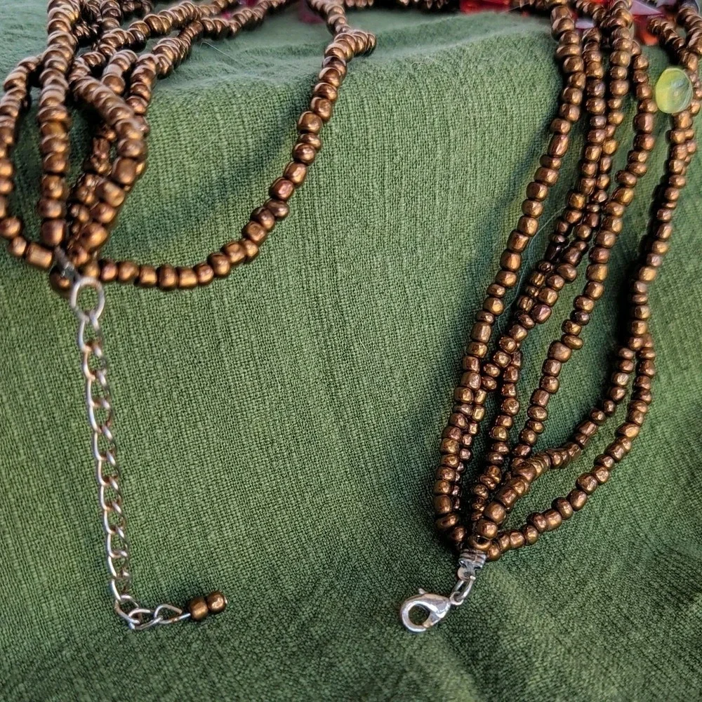 Art Glass Multi Strand Beaded Necklace Brass Tone 6 Strand Boho 16